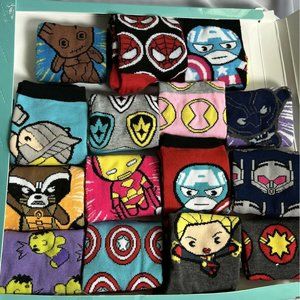 Marvel Hero Socks Gift Set Of 15 Sz 4-10 Groot Panther Widow Hulk Iron Man Thor